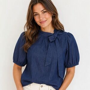 Ann Taylor XL Dark Blue Denim Chambray Tie Neck Bow Puff Sleeve Cotton Blouse